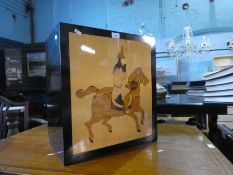 A wooden box having paneled decorated figure on horseback