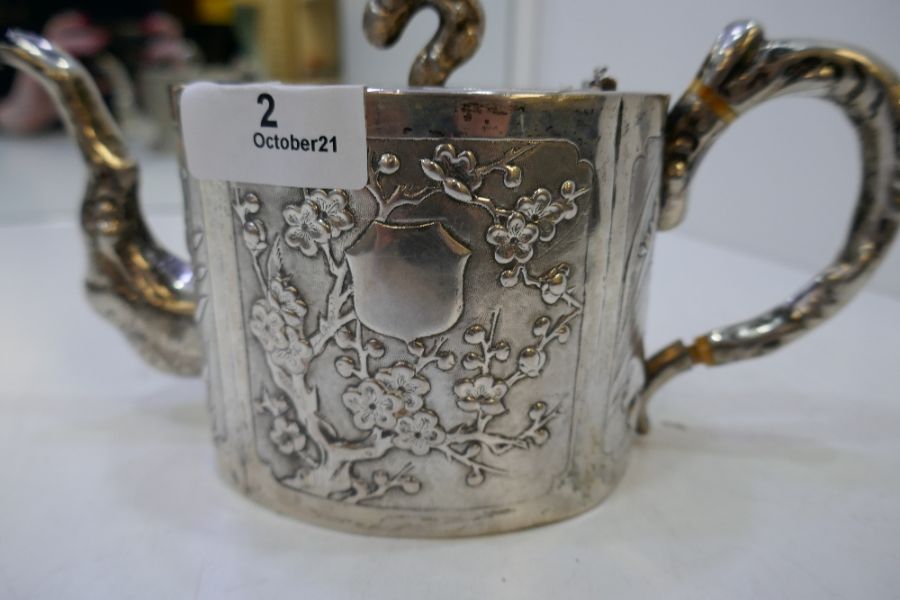 A Chinese teapot marked Kucheung with floreated design embossed on the body. Central vacant cafonche - Image 2 of 6