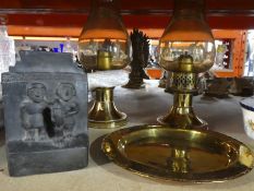 Brassware table lamps, plate and Aztec pottery figure AF