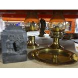 Brassware table lamps, plate and Aztec pottery figure AF