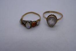 Vintage 9ct yellow gold dress rings one an opal set example, AF, the other set with a pale stone, 4.