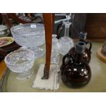 An old cut glass footed bowl, other cut glass items and a pair of brown glass decanters