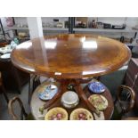 A circular reproduction dining table having painted decoration on quadropod base by Restall Brown an