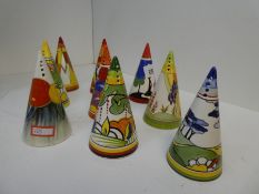 Nine Clarice Cliff style conical shakers, made under Licence