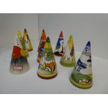 Nine Clarice Cliff style conical shakers, made under Licence