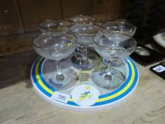 A set of six babycham glasses and a babycham drinks tray