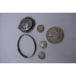 Pretty Silver Pendant containing miniature of a lady marked 800, 1920 half dollar, three other coins