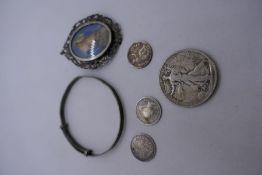 Pretty Silver Pendant containing miniature of a lady marked 800, 1920 half dollar, three other coins