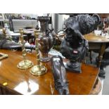 A pair of brass oriental style candlesticks, a spelter bust of Roman man and two other items