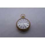 18ct yellow gold ladies fob watch, marked 18c – 88239 – with enamel dial and Roman numerals, circa 1