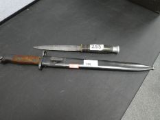 A WW2 Rifle bayonet dagger having steel sheaf and one other smaller dagger having brass inlaid handl