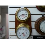 A twin mounted clock and barometer on wooden plaque