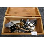Wooden jewellery box containing vintage watches, coins, brooches, boxed silver and gold Celtic desig