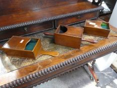 A Victorian mahogany collection box having turned handles and a pair of similar oak boxes