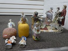 A continental figural group (AF) 6 pin cushion dolls and one other item