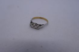 18ct two tone illusion set diamond trilogy ring, marked 18ct, size M, 1.8g