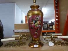 A hand painted china lamp with 2 brass wall lights depicting cherubs