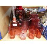 Collection of Cranberry glass vases, decanters, jugs, etc