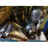 Box mixed metalware including brass candle sticks, silver plated cup AF, cutlery, etc