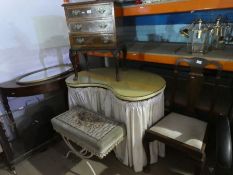 A kidney shaped dressing table, three drawer bedside chest and two other items