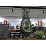 Large oriental green ground vase approx 90cm and wooden stand