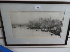 W. L. Wyllie; a pencil signed etching of London Bridge and Adelaide House, 41.5 x 22cms