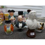 An antique Admiral Nelson Jug (A/F). A bust of Queen Victoria, a bust of Gladstone and 5 other jugs