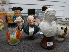 An antique Admiral Nelson Jug (A/F). A bust of Queen Victoria, a bust of Gladstone and 5 other jugs