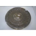 A very large, heavy silver moonstone tray, repoussed on low relief with some chased detailing. With