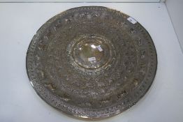 A very large, heavy silver moonstone tray, repoussed on low relief with some chased detailing. With