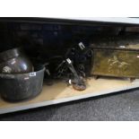 Vintage coal box containing wood, firescreen, wrought ceiling lights, copper cauldron, coal bucket,