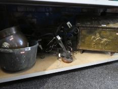 Vintage coal box containing wood, firescreen, wrought ceiling lights, copper cauldron, coal bucket,