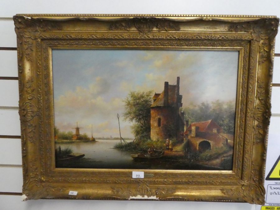 Leon Ane Teigen; an oil on board on Dutch waterway with figures and windmill, signed, 59 x 39cms