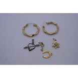 Pair of 9ct gold hoop earrings, AF, and three 9ct gold charms/pendants - one a star with 0.10 points