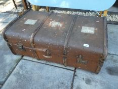 Vintage bamboo bound travel trunk and contents