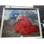 White framed print of a Spanish gypsy by fireside, indistinctively signed.