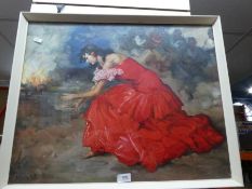 White framed print of a Spanish gypsy by fireside, indistinctively signed.