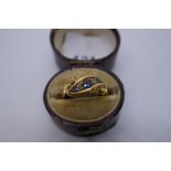 18ct yellow gold dress ring set with 3 blue stones separated by diamond chips - size M, 3g approx ma