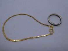 9ct yellow gold fine flat link bracelet, marked 9ct, 19cm, 1.9g approx and a white metal eternity ri