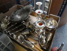 Box of metalware including silver plate, goblets, swing handle basket, etc