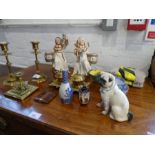 A brass double inkwell, three brass candlesticks, china and sundry.