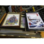 Selection of pictures, prints vintage silks, oriental themes etc.
