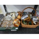 Box of mixed glassware including Babycham glasses, novelty pots and basket containing Studio pottery