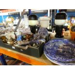 An old blue and white platter and a box of sundry
