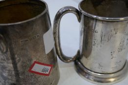 Two silver tankards, one hallmarked Birmingham 1933 Joseph Gloster Ltd, the other Birmingham 1946 E