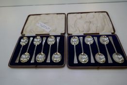 Two sets of matching cased silver spoons. In a John Bagshaw and Sons Liverpool Ltd, box hallmarked S