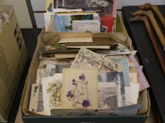 A carton of Victorian and later postcards and Pirelli calendars and sundry