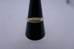 18ct yellow gold gypsy ring set 5 diamonds chips, size R, marked 18, chipped diamond, 2.3g approx