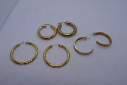 2 Pairs of 9ct yellow gold hoop earrings marked 375 and another unmarked pair of hoops, lot weight 6