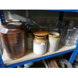 Stoneware jars and glass bottles, box of kitchenalia copper buckets etc